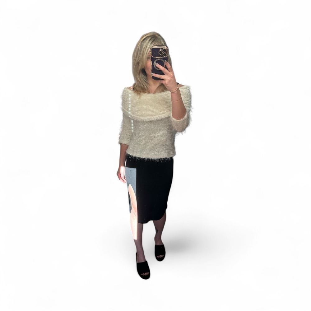 Vintage Y2K Era Joseph Ribkoff White Off-the-Shoulder Textures Sweater Size 4 - Picture 4 of 4